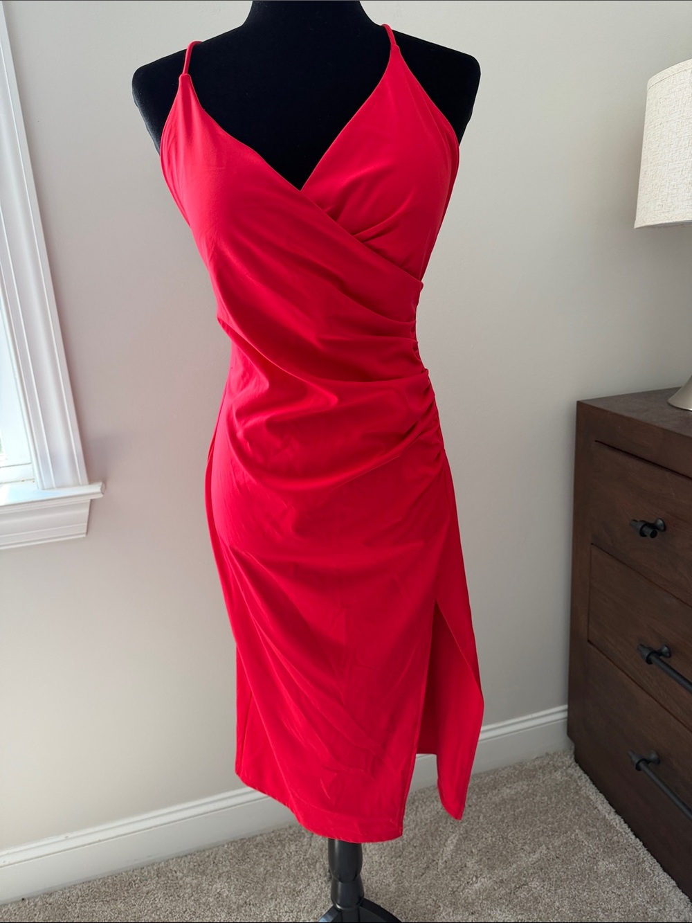 HALARA Red Spaghetti-Strap Wrap Midi Dress